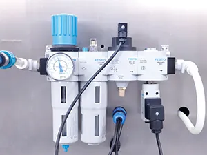 Pouch grippers, HMI control panel, liquid product tank, conveyor system